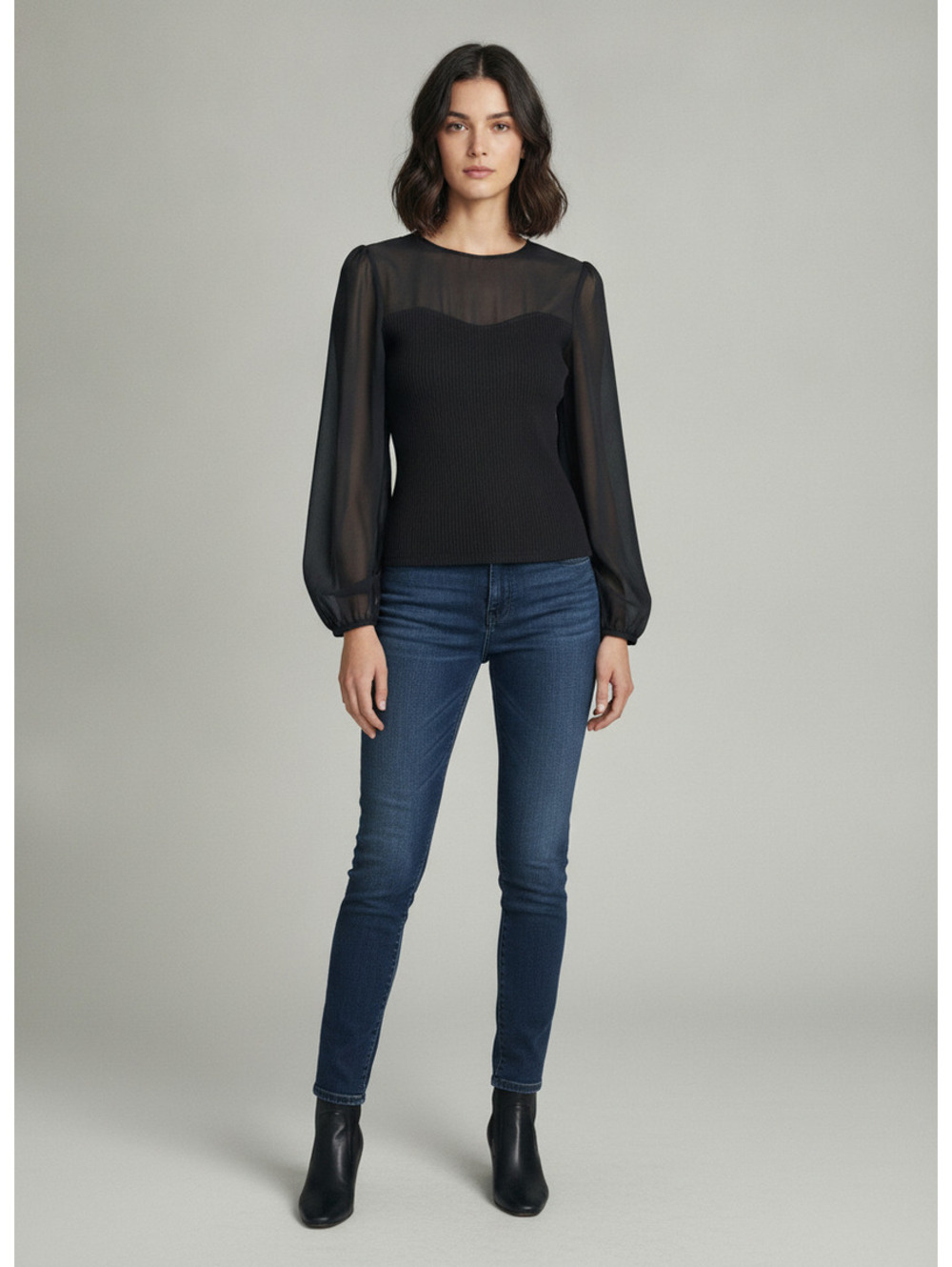 Commense Elegant Black Sheer Sleeve Blouse with Ribbed Knit Bodice, Size Small